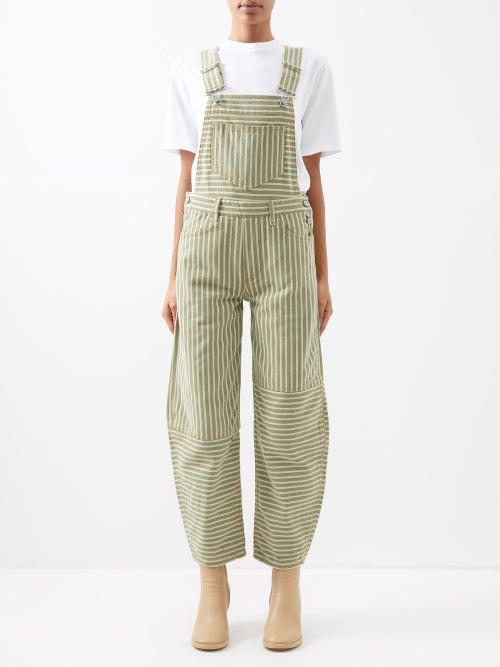 Ganni - Striped Organic-denim Dungarees - Womens - Khaki