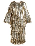 Matchesfashion.com Osman - Diaz Tiered Sequinned Midi Dress - Womens - Light Gold