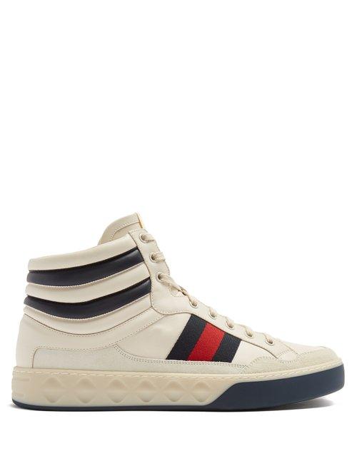 Matchesfashion.com Gucci - Web Striped High Top Leather Trainers - Mens - White Multi