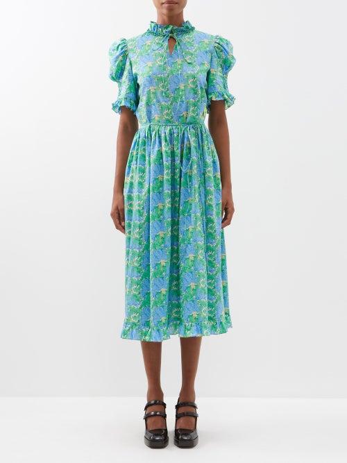 Horror Vacui - Leandra Puff-sleeved Printed Cotton Dress - Womens - Blue Green