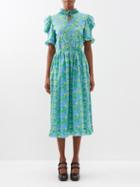 Horror Vacui - Leandra Puff-sleeved Printed Cotton Dress - Womens - Blue Green