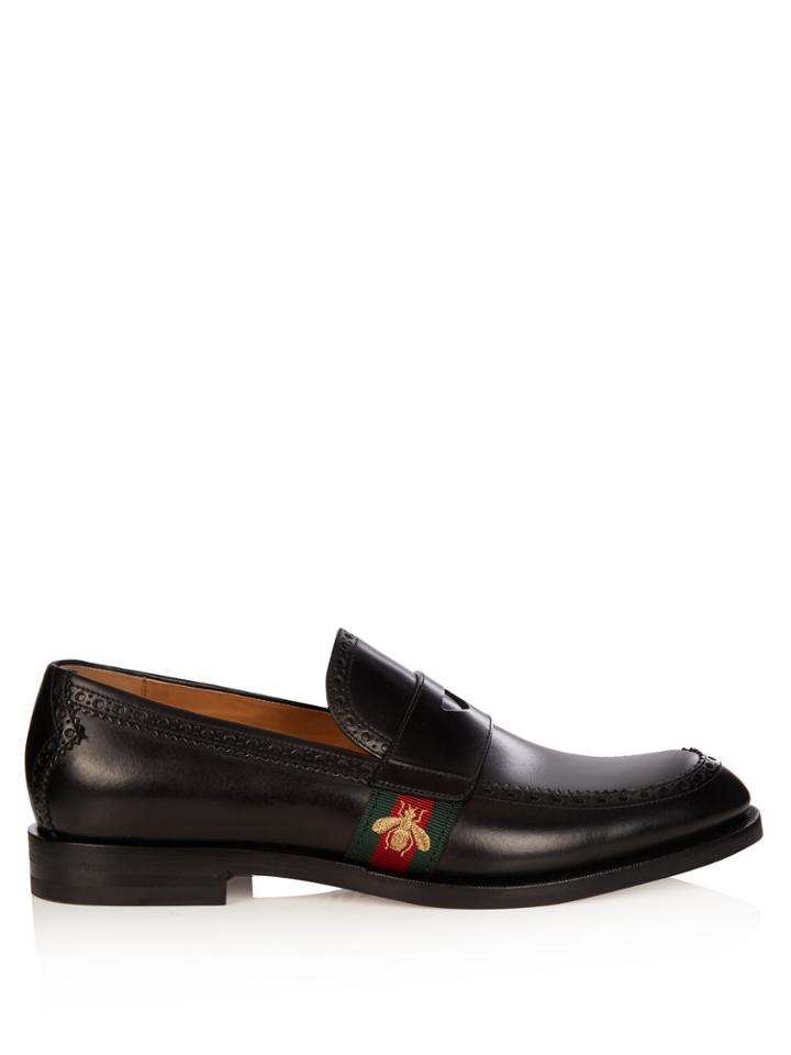 Gucci Web-panelled Leather Penny Loafers
