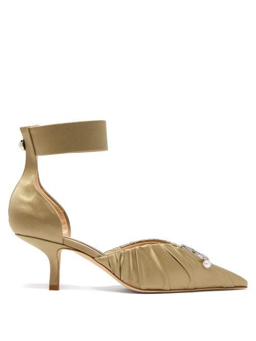 Matchesfashion.com Midnight 00 - Crescent-moon Ruched Satin Pumps - Womens - Light Green