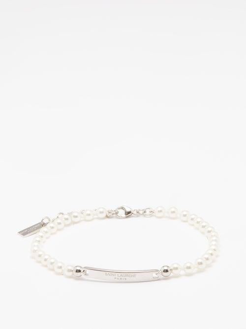 Saint Laurent - Faux-pearl & Logo-plaque Bracelet - Mens - Silver