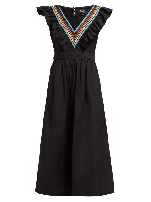 Matchesfashion.com A.p.c. - Marty Ruffled And Striped V Neck Cotton Midi Dress - Womens - Black