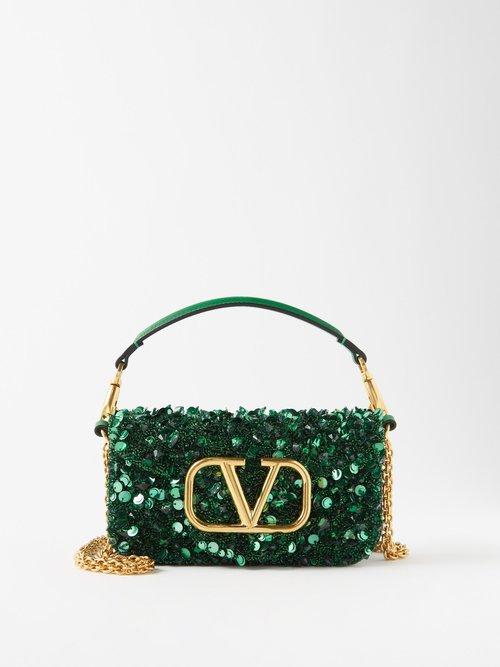 Valentino Garavani - Loc Small Sequinned-leather Shoulder Bag - Womens - Dark Green