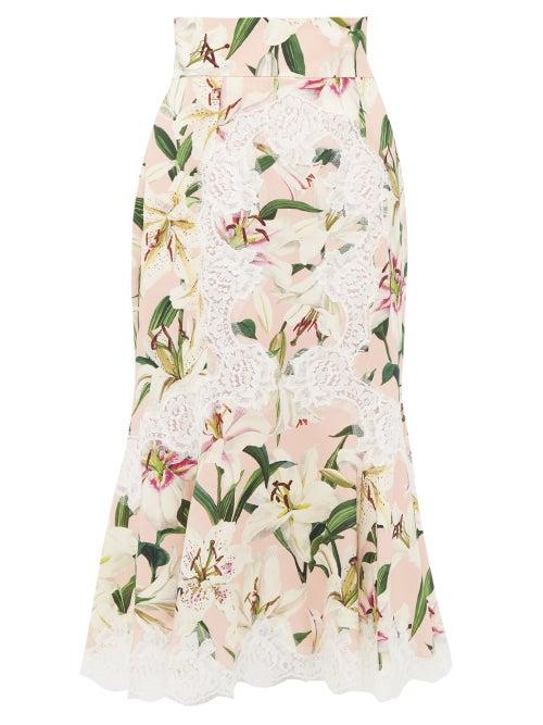 Matchesfashion.com Dolce & Gabbana - Lily Print Lace Detail Midi Skirt - Womens - Pink