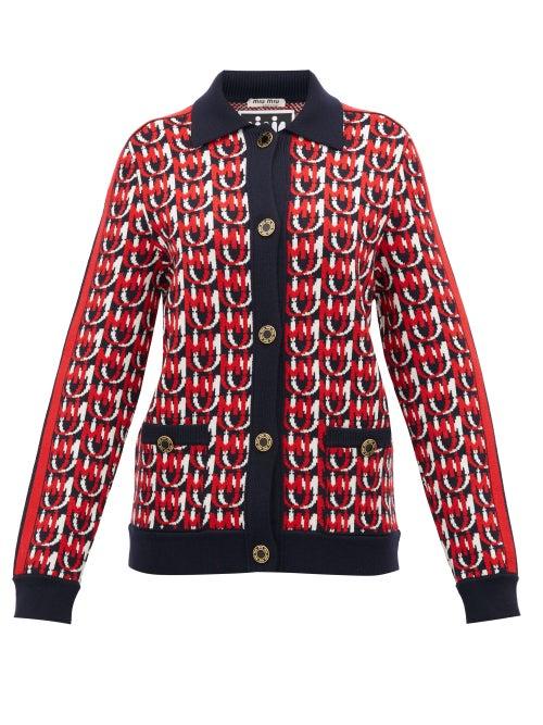 Matchesfashion.com Miu Miu - Monogram Jacquard Wool Blend Cardigan - Womens - Navy Multi