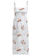 Matchesfashion.com Emilia Wickstead - Giovanna Shirred Ship Print Midi Dress - Womens - Blue Print