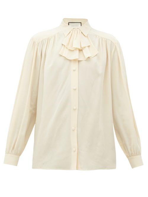 Matchesfashion.com Gucci - Ruffle-neck Silk Blouse - Womens - Ivory