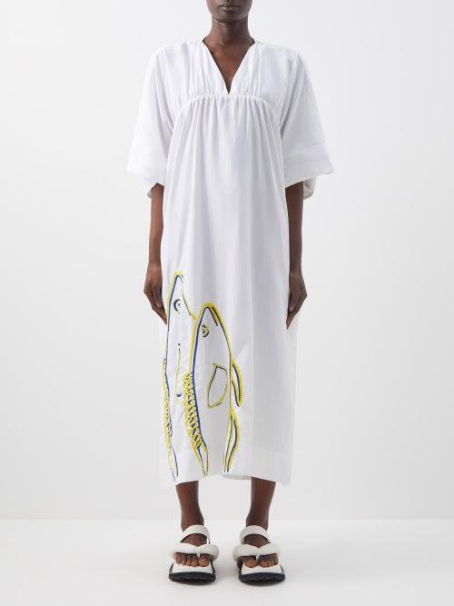 Kilometre Paris - I Fish You Cotton-khadi Dress - Womens - White Multi