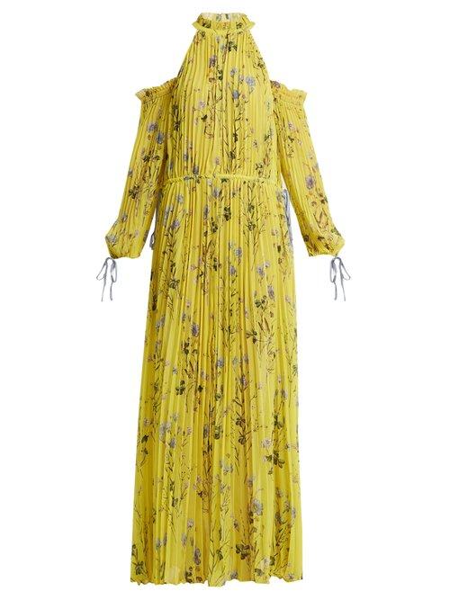 Matchesfashion.com Self-portrait - Off Shoulder Floral Print Pleated Dress - Womens - Yellow Print