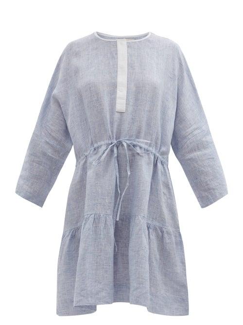 Ladies Beachwear Wiggy Kit - Drawstring-waist Linen-chambray Mini Dress - Womens - Blue