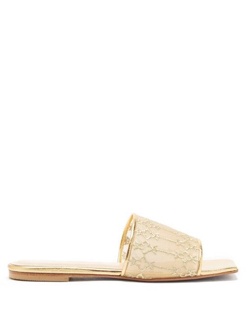 Ladies Shoes Andrea Wazen - Sursock Mesh-panel Leather Slides - Womens - Gold