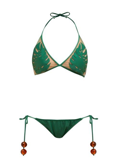 Matchesfashion.com Adriana Degreas X Cult Gaia - Leaf Appliqud Tulle Bikini - Womens - Green