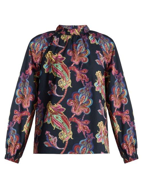 Matchesfashion.com Tibi - Shirred Neck Paisley Print Cotton Top - Womens - Navy Multi