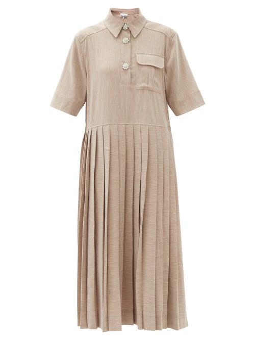 Matchesfashion.com Ganni - Crystal-buttoned Pleated Melange Midi Dress - Womens - Light Beige