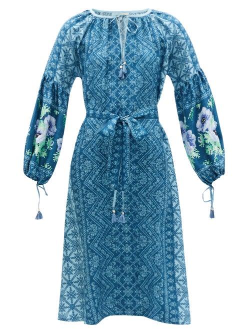 Ladies Beachwear D'ascoli - Alya Balloon-sleeve Silk-twill Dress - Womens - Blue
