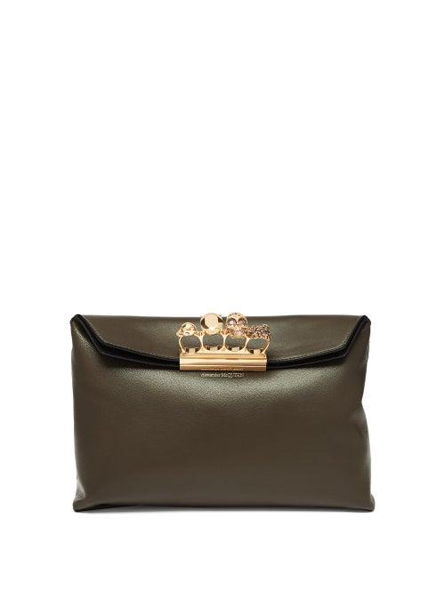Ladies Bags Alexander Mcqueen - Four Ring Leather Clutch - Womens - Khaki