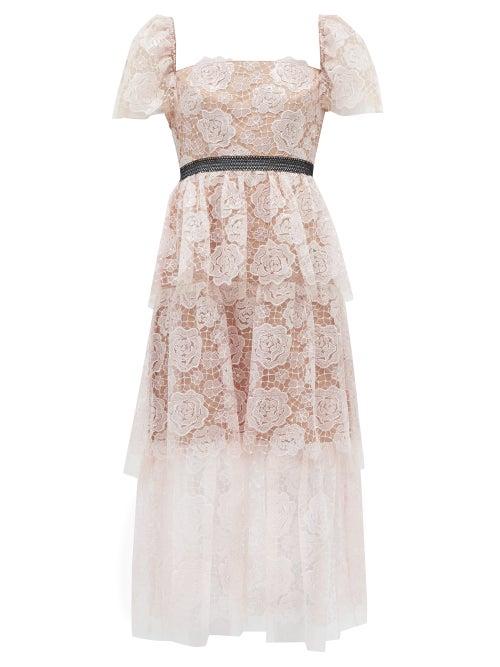 Matchesfashion.com Self-portrait - Square-neck Tiered Floral-lace Midi Dress - Womens - Light Pink