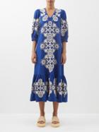 Sea - Manuela Floral-embroidered Cotton-blend Dress - Womens - Blue White
