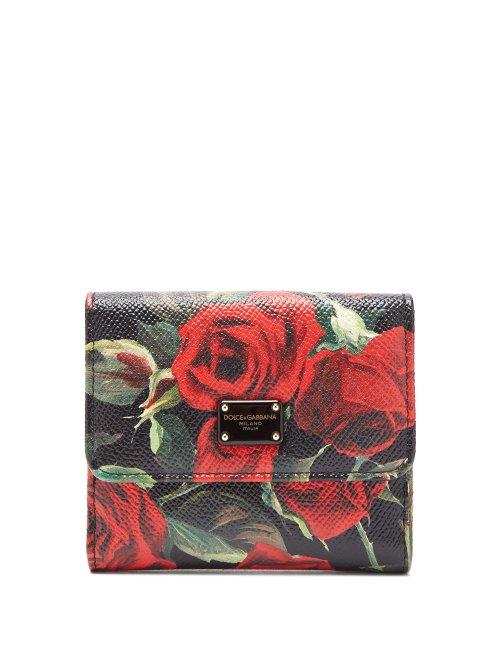 Matchesfashion.com Dolce & Gabbana - Rose Print Leather Wallet - Womens - Black Red