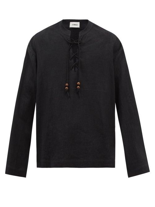Commas - Beaded-drawcord Linen-blend Shirt - Mens - Black