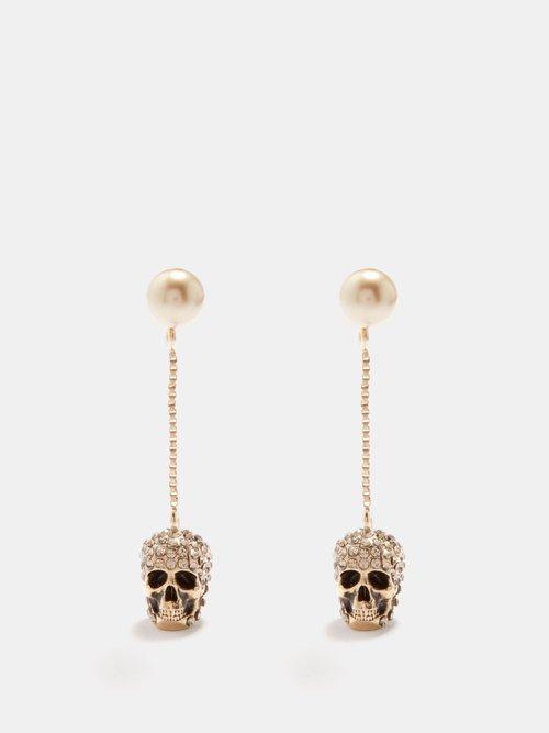 Alexander Mcqueen - Pearl And Skull Crystal-embellished Earrings - Womens - Gold Multi