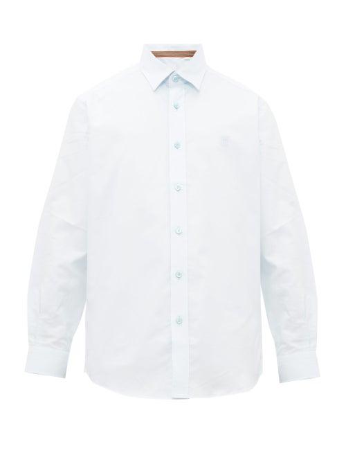 Matchesfashion.com Burberry - Charles Logo Embroidered Cotton Oxford Shirt - Mens - Blue