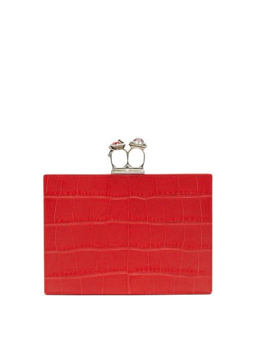 Matchesfashion.com Alexander Mcqueen - Knuckle Crocodile Effect Leather Clutch - Womens - Red