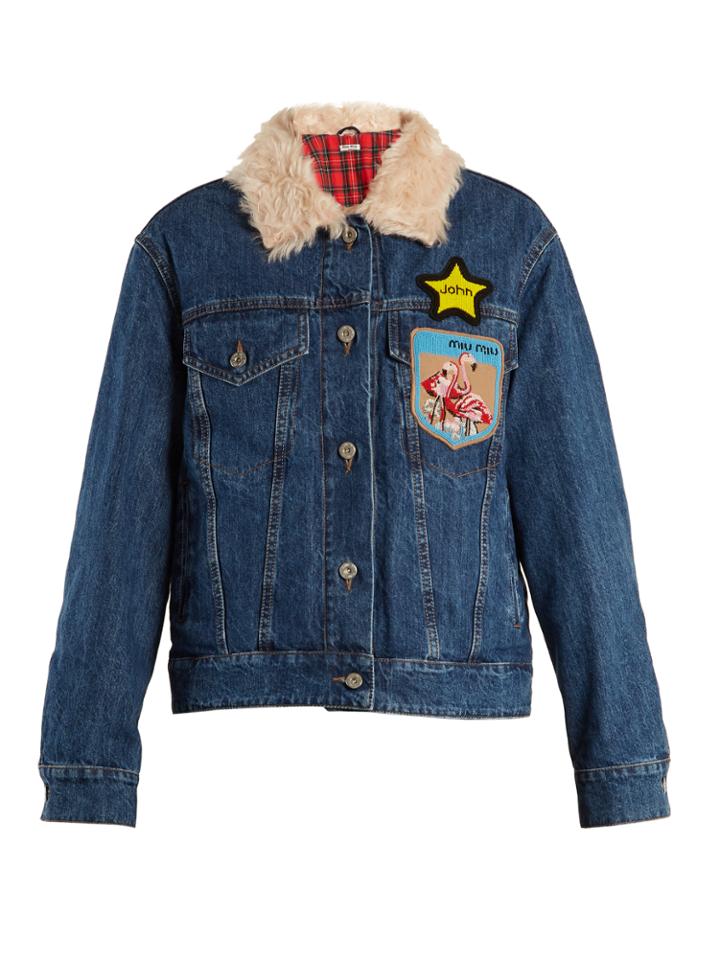 Miu Miu Faux Fur-collar Embellished-appliqu Denim Jacket