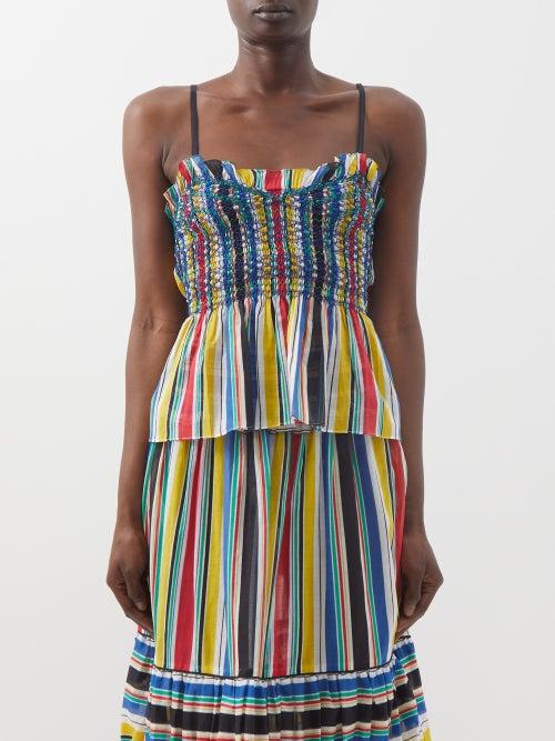 Loretta Caponi - Smocked Bodice Striped-cotton Poplin Top - Womens - Blue Multi