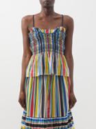 Loretta Caponi - Smocked Bodice Striped-cotton Poplin Top - Womens - Blue Multi
