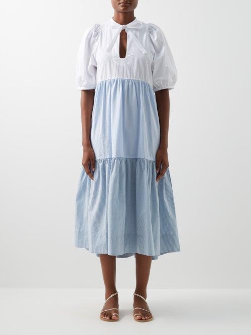 Wiggy Kit - Jane Tie-neck Banded Cotton-seersucker Midi Dress - Womens - Blue Multi