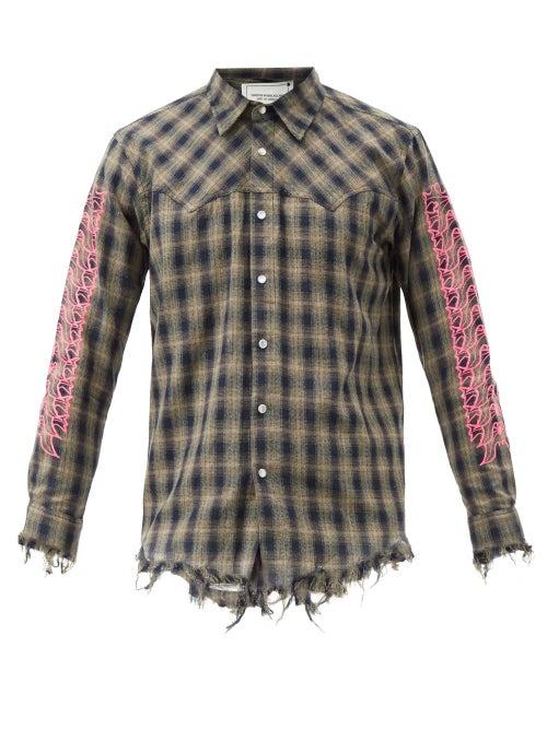 Youths In Balaclava - Frayed Floral-print Plaid Cotton Shirt - Mens - Blue Multi