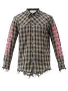Youths In Balaclava - Frayed Floral-print Plaid Cotton Shirt - Mens - Blue Multi
