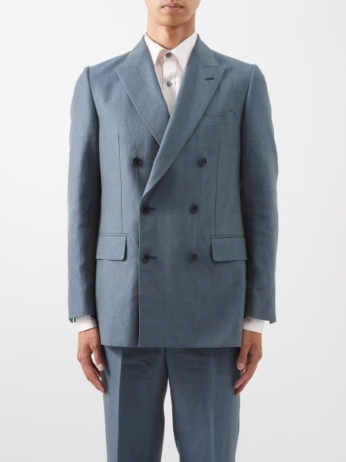 Husbands - Peak-lapel Double-breasted Linen Suit Jacket - Mens - Dark Blue