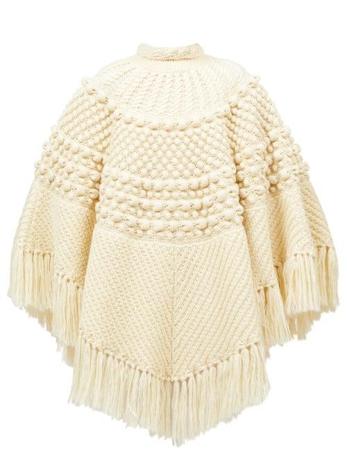 Matchesfashion.com Saint Laurent - Fringed Bobble-knit Poncho - Womens - Ivory