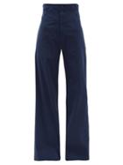 Matchesfashion.com Connolly - High Rise Cotton Blend Wide Leg Trousers - Womens - Navy