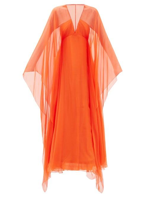 Valentino - Cape-sleeve Silk-chiffon Gown - Womens - Orange