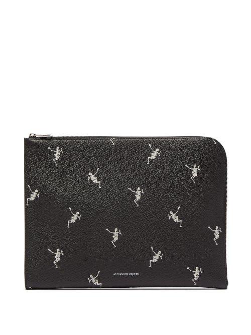 Matchesfashion.com Alexander Mcqueen - Skeleton Print Zip Around Leather Pouch - Mens - Black White