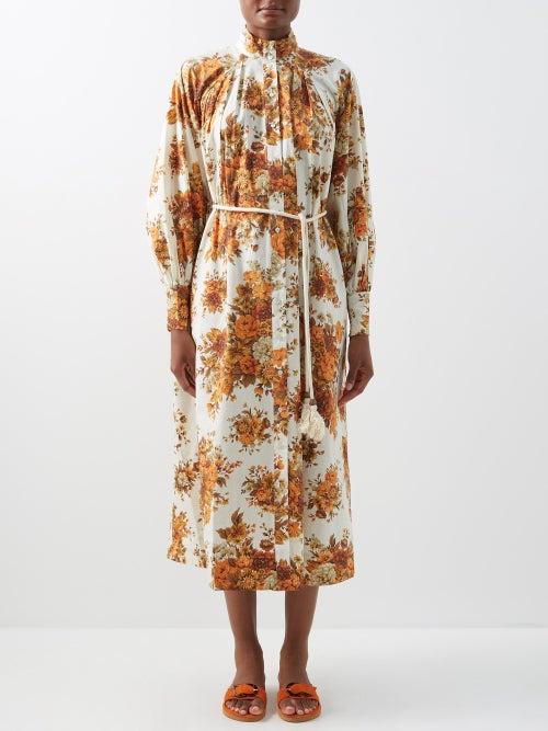 Ale Mais - Derby Floral-print Shirt Dress - Womens - Orange Print