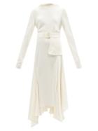 Ladies Rtw Jw Anderson - Belted Handkerchief-hem Crepe Dress - Womens - Ivory