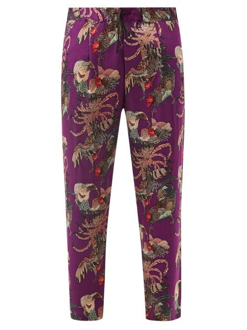 Nipoaloha - Rooster-print Silk-twill Trousers - Mens - Purple Multi