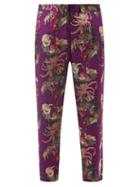 Nipoaloha - Rooster-print Silk-twill Trousers - Mens - Purple Multi
