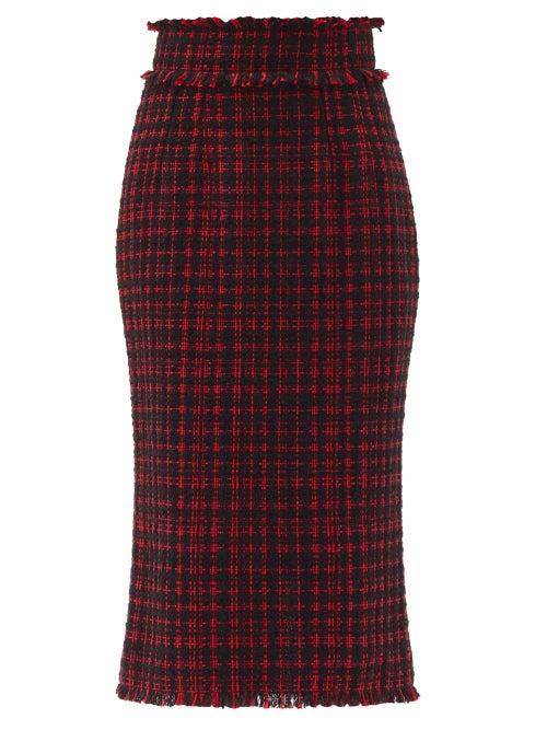 Matchesfashion.com Dolce & Gabbana - Raw-edge High-rise Tweed Pencil Skirt - Womens - Black Red