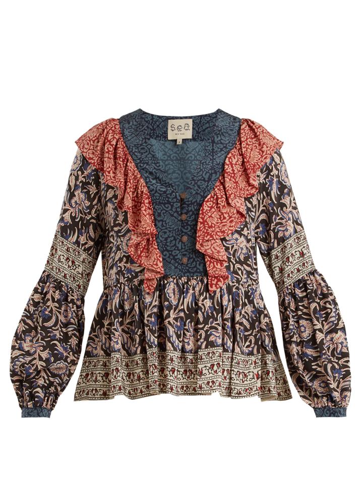 Sea Maho Border Floral-print Silk Blouse