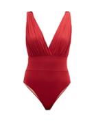 Matchesfashion.com Zeus + Dione - Mykonos V Neck Gathered Swimsuit - Womens - Red