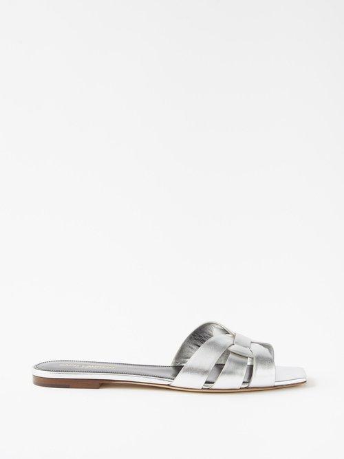 Saint Laurent - Tribute 5 Metallic-leather Slides - Womens - Silver
