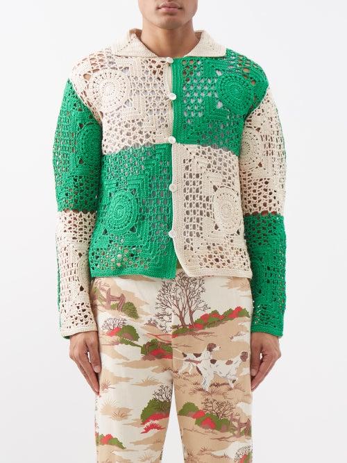 Bode - Colour-blocked Cotton-crochet Shirt - Mens - Green Multi